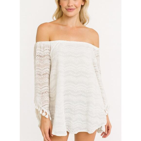 REBA blouse top lace overlay pom pom flowy sleeve off shoulder flutter sleeve LG - Picture 1 of 13